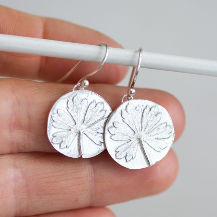 Nature inspired dangle earrings with Pelargonium leaf impressions Nature inspired dangle earrings with Pelargonium leaf impressions