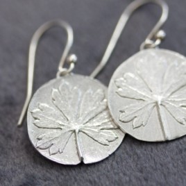 Nature inspired dangle earrings with Pelargonium leaf impressions