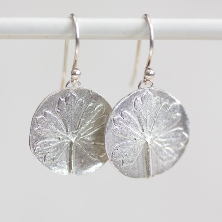 Nature inspired dangle earrings with Pelargonium leaf impressions Nature inspired dangle earrings with Pelargonium leaf impressions