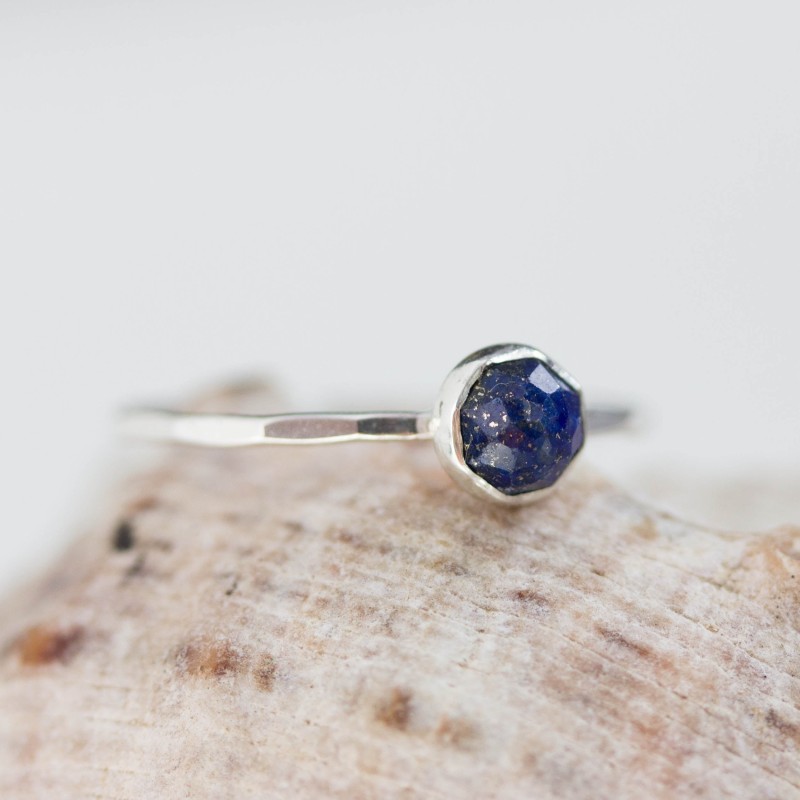 Lapis lazuli ring - skinny stackable ring with rose cut Lapis lazuli