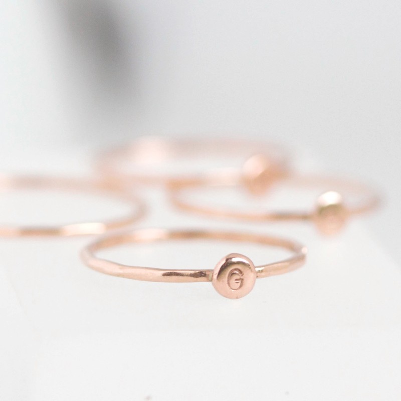 Rose gold Initial ring, tiny dainty stacking ring, 9K rose gold stackable ring
