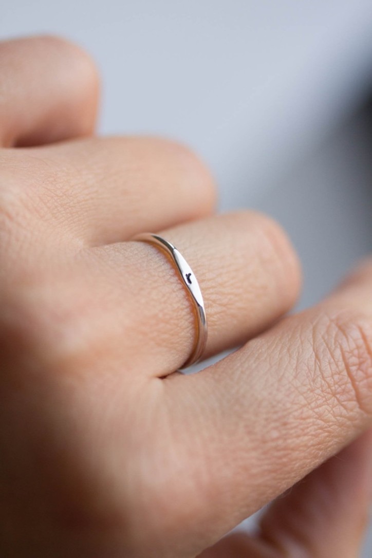 Initial ring with sideways hand stamping, stackable sterling silver ring