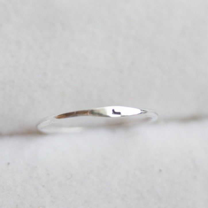 Initial ring with sideways hand stamping, stackable sterling silver ring