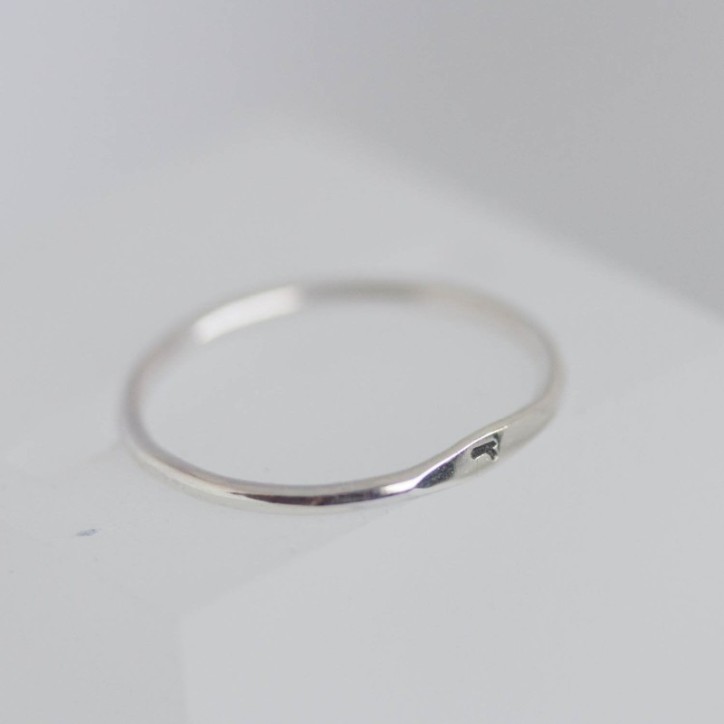 Initial ring with sideways hand stamping, stackable sterling silver ring