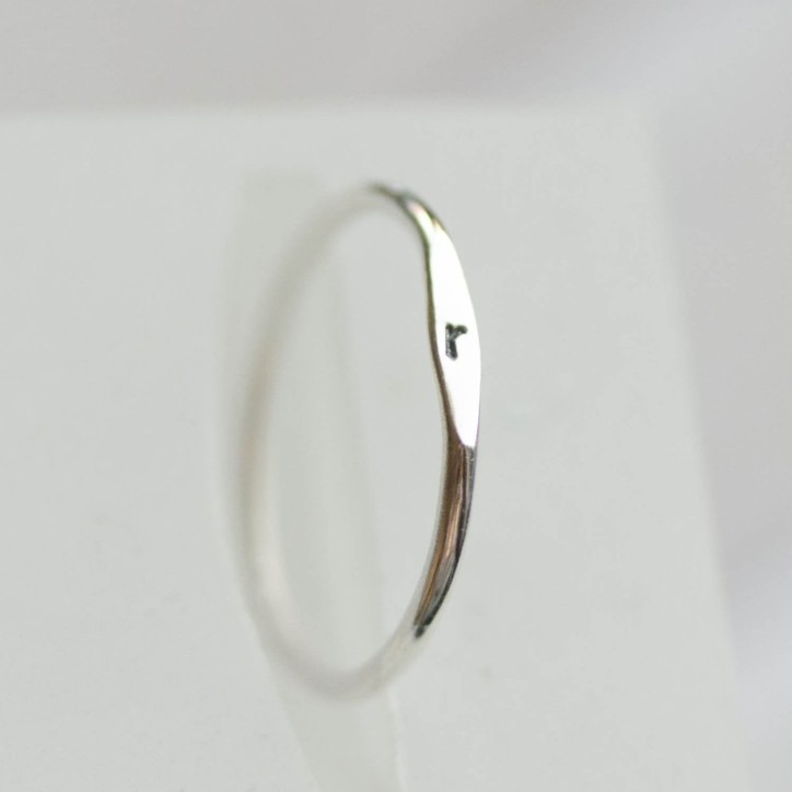 Initial ring with sideways hand stamping, stackable sterling silver ring