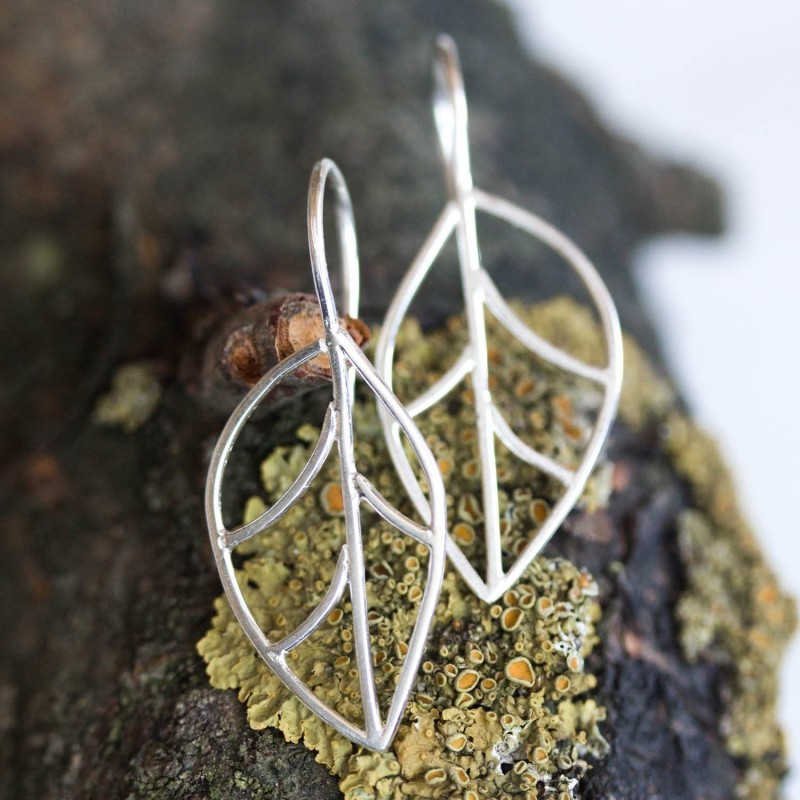 Leaf earrings, primitive wire leaves, sterling silver or 9k gold