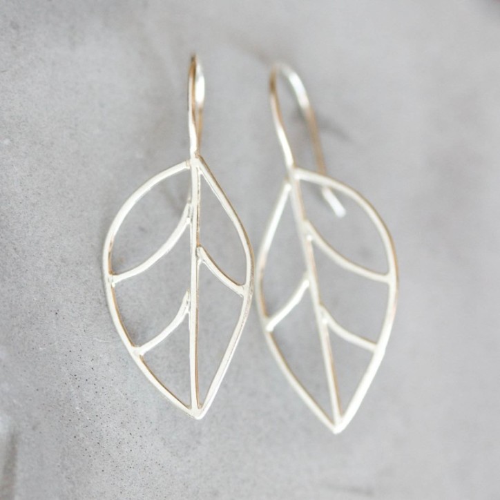 Leaf earrings, primitive wire leaves, sterling silver or 9k gold