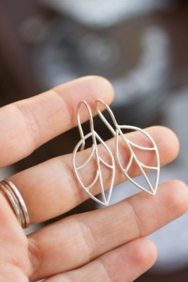 Leaf earrings, primitive wire leaves, sterling silver or 9k gold