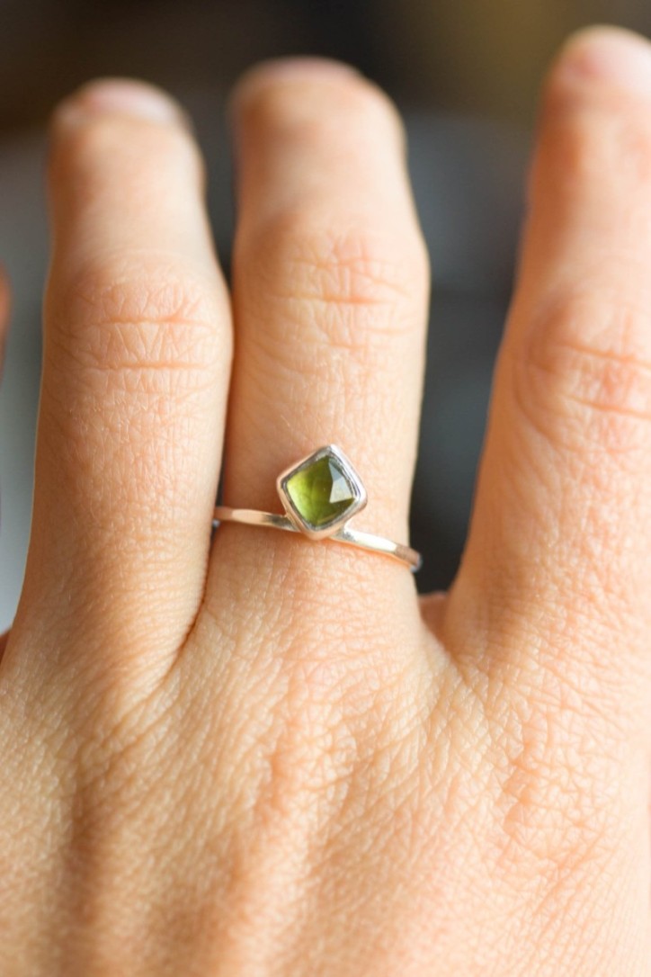 Peridot ring - stackable ring with square Peridot