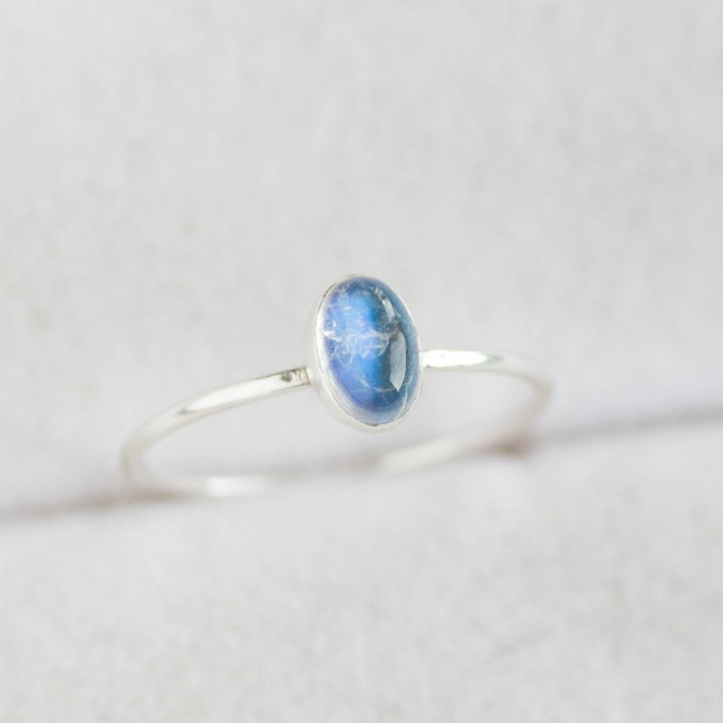 Oval Rainbow Moonstone ring - skinny stackable ring