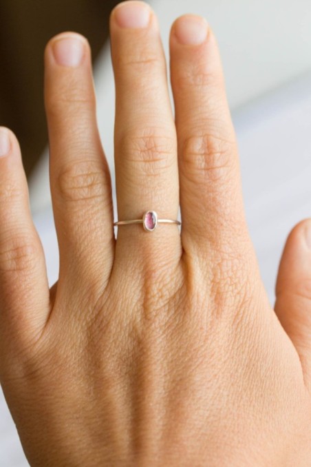 Oval Pink Tourmaline ring - skinny stackable ring with pink Tourmaline stone