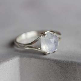 Moonstone ring, solitaire ring with hexagon Rainbow Moonstone gemstone