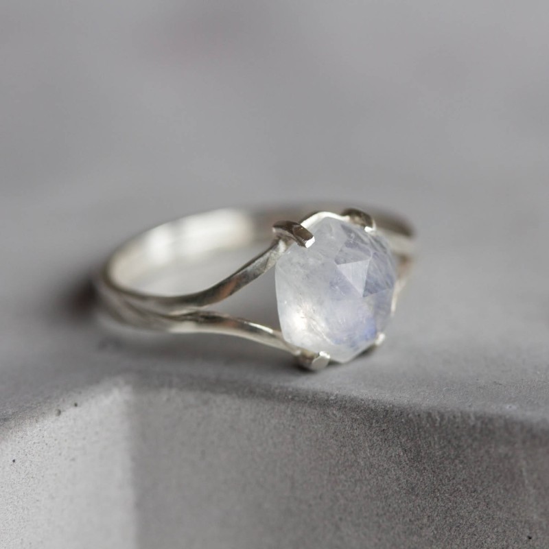 Moonstone ring, solitaire ring with hexagon Rainbow Moonstone gemstone