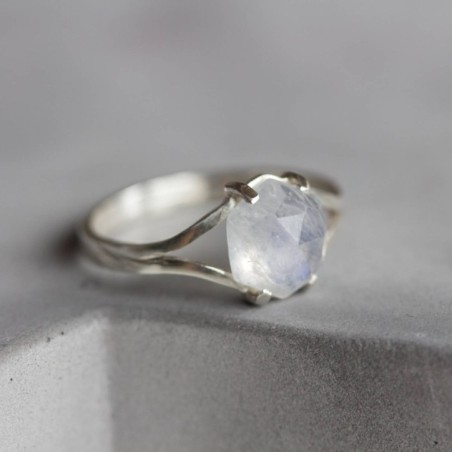 Moonstone ring, solitaire ring with hexagon Rainbow Moonstone gemstone