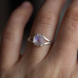 Moonstone ring, solitaire ring with hexagon Rainbow Moonstone gemstone