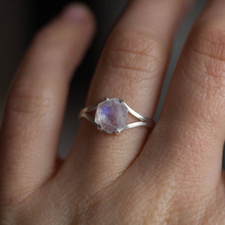Moonstone ring, solitaire ring with hexagon Rainbow Moonstone gemstone