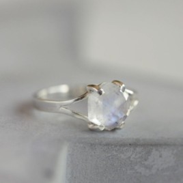 Moonstone ring, solitaire ring with hexagon Rainbow Moonstone gemstone