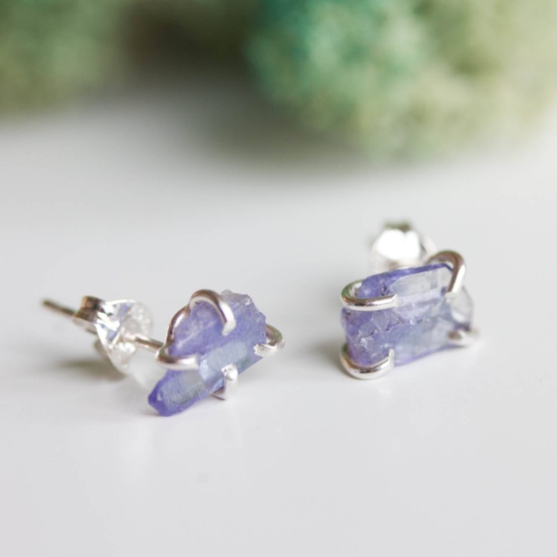 Rough gemstone stud earrings with Tanzanite crystals, sterling silver