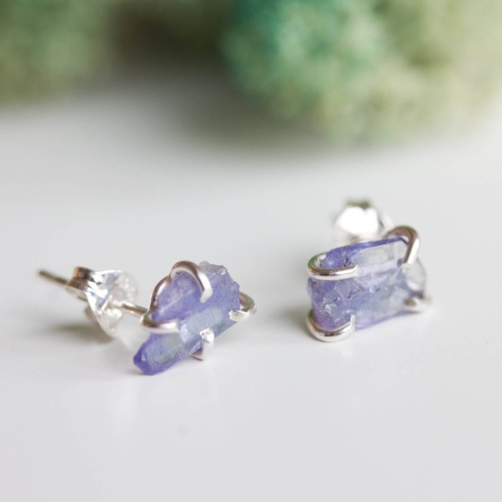 Rough gemstone stud earrings with Tanzanite crystals, sterling silver