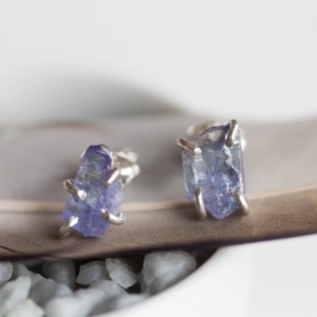 Rough gemstone stud earrings with Tanzanite crystals, sterling silver