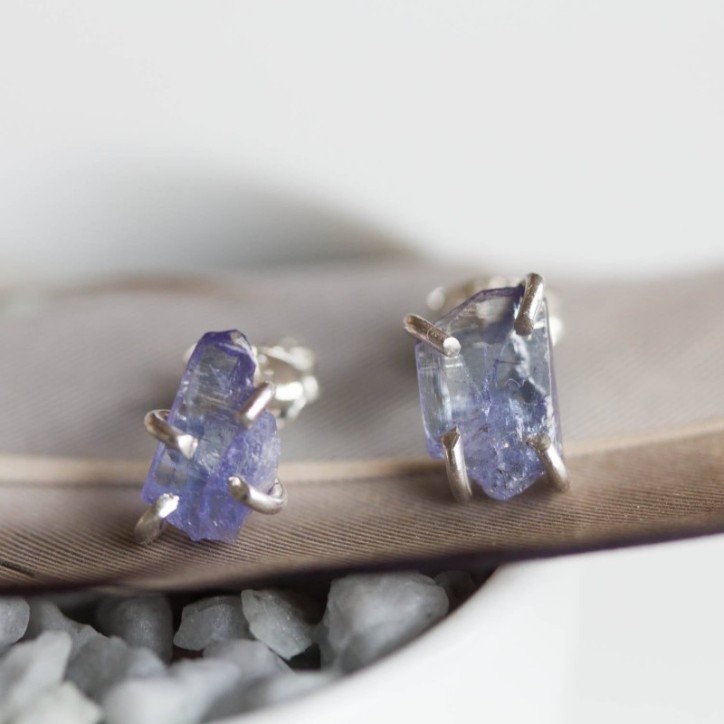 Rough gemstone stud earrings with Tanzanite crystals, sterling silver