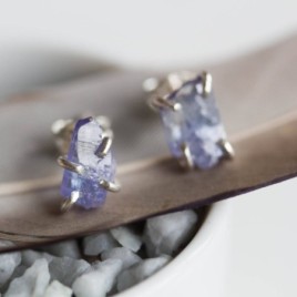 Rough gemstone stud earrings with Tanzanite crystals, sterling silver
