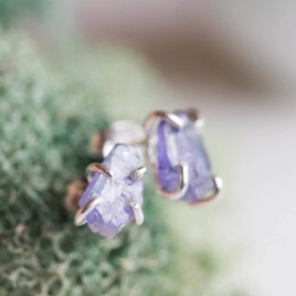 Rough gemstone stud earrings with Tanzanite crystals, sterling silver