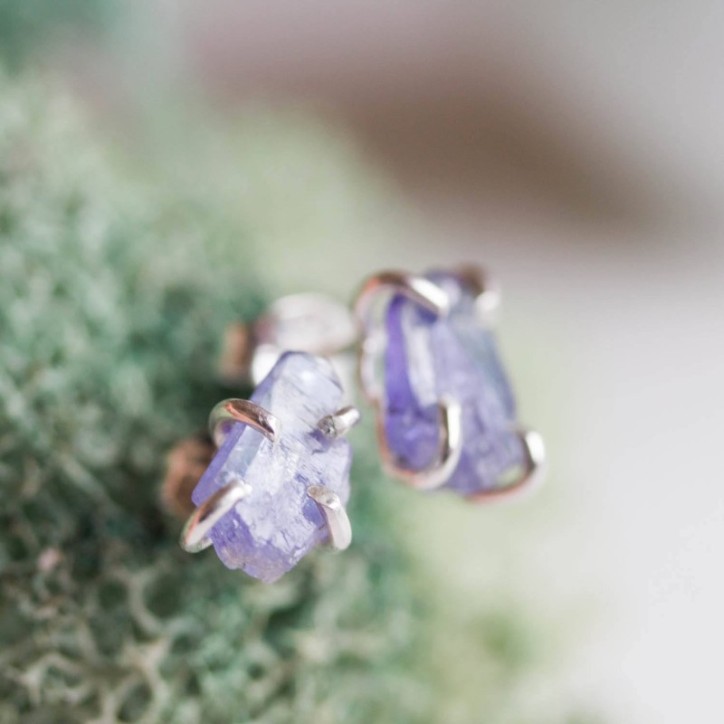 Rough gemstone stud earrings with Tanzanite crystals, sterling silver