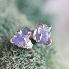 Rough gemstone stud earrings with Tanzanite crystals, sterling silver