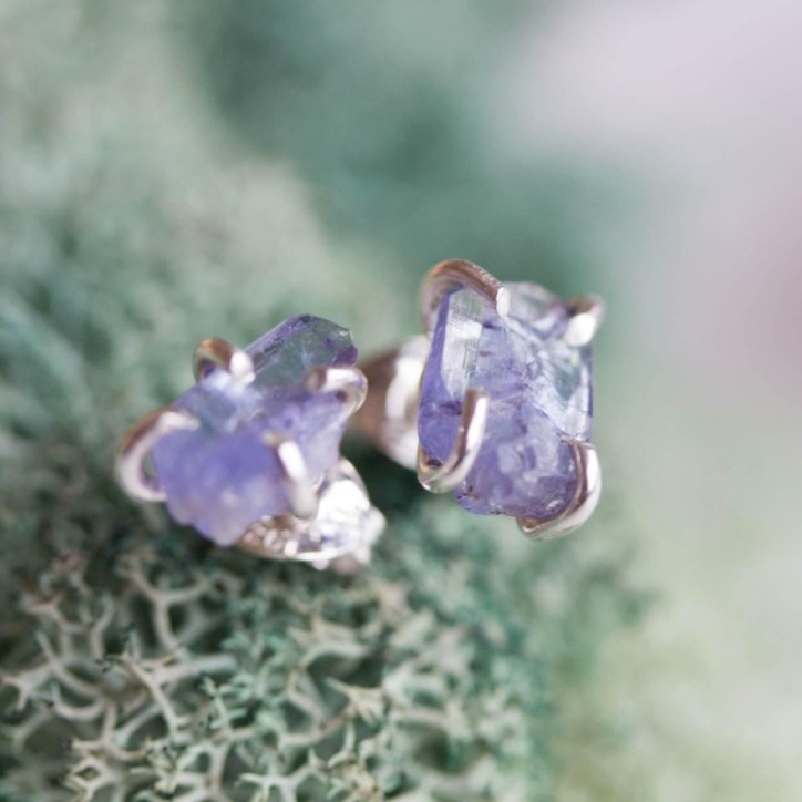Rough gemstone stud earrings with Tanzanite crystals, sterling silver