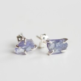 Rough gemstone stud earrings with Tanzanite crystals, sterling silver