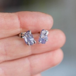 Rough gemstone stud earrings with Tanzanite crystals, sterling silver