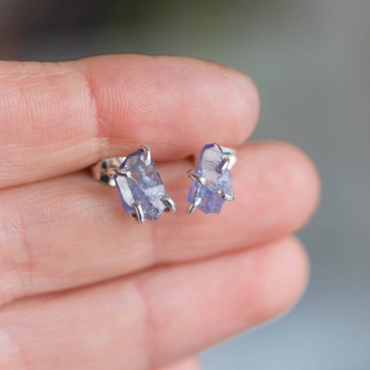 Rough gemstone stud earrings with Tanzanite crystals, sterling silver