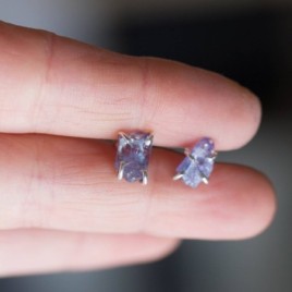 Rough gemstone stud earrings with Tanzanite crystals, sterling silver