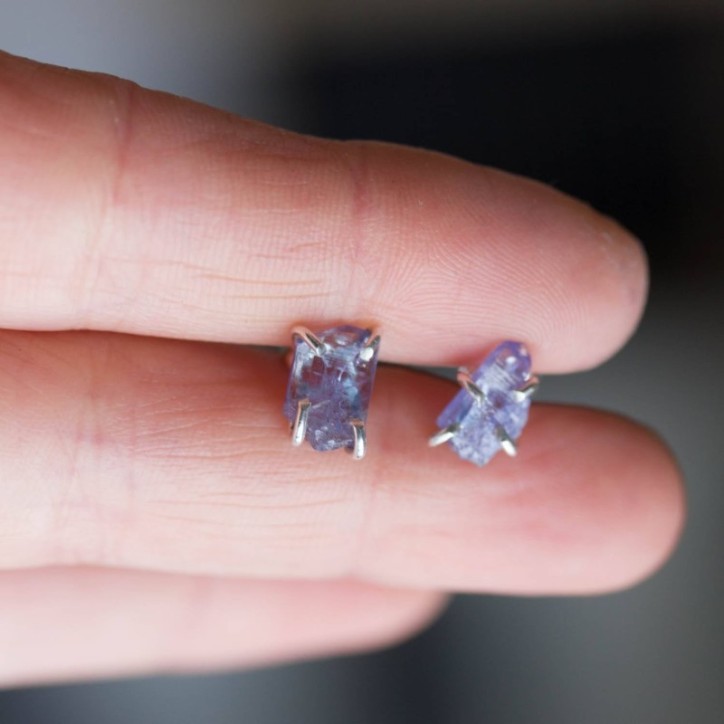 Rough gemstone stud earrings with Tanzanite crystals, sterling silver