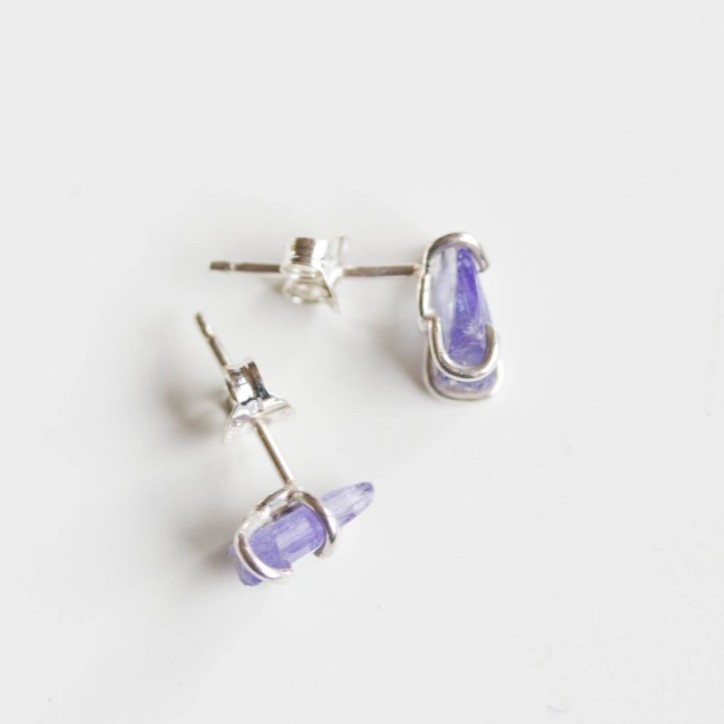 Rough gemstone stud earrings with Tanzanite crystals, sterling silver
