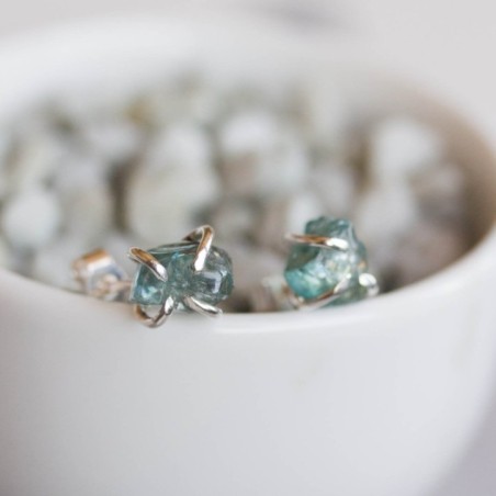 Raw gemstone stud earrings with with Blue Zircon stones, sterling silver