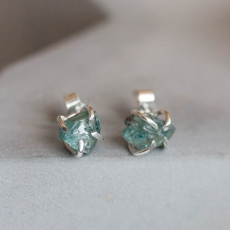 Raw gemstone stud earrings with with Blue Zircon stones, sterling silver