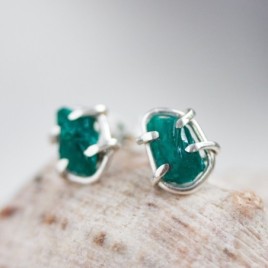 Stud earrings with raw Dioptase stones, sterling silver