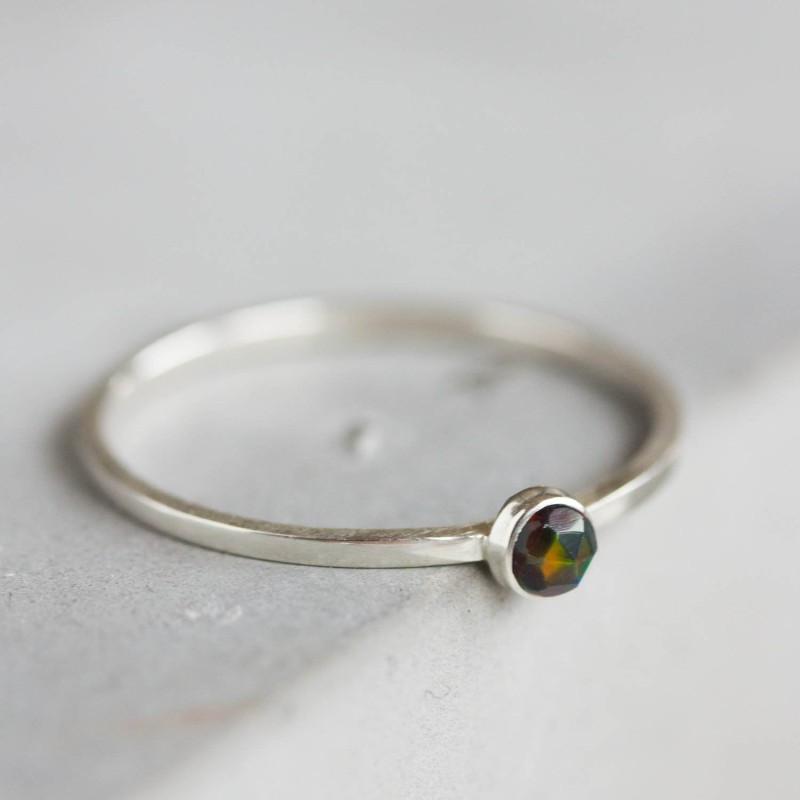 Black Opal ring - skinny stackable for October