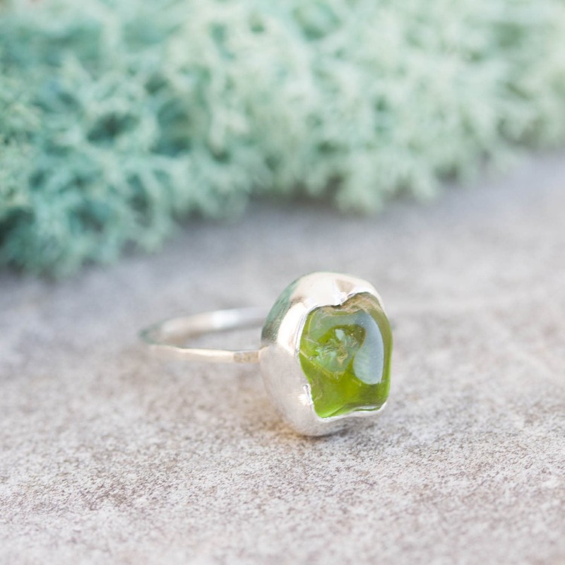 Raw Peridot ring in Sterling Silver, toumbled green peridot ring