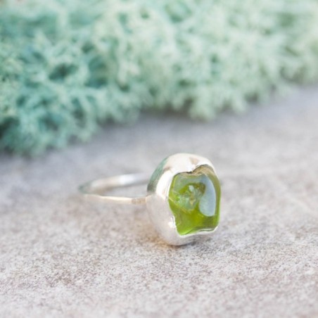 Raw Peridot ring in Sterling Silver, toumbled green peridot ring