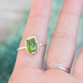 Raw Peridot ring in Sterling Silver, toumbled green peridot ring