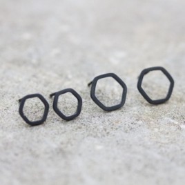 Hexagon studs - Black Sterling silver stud earrings