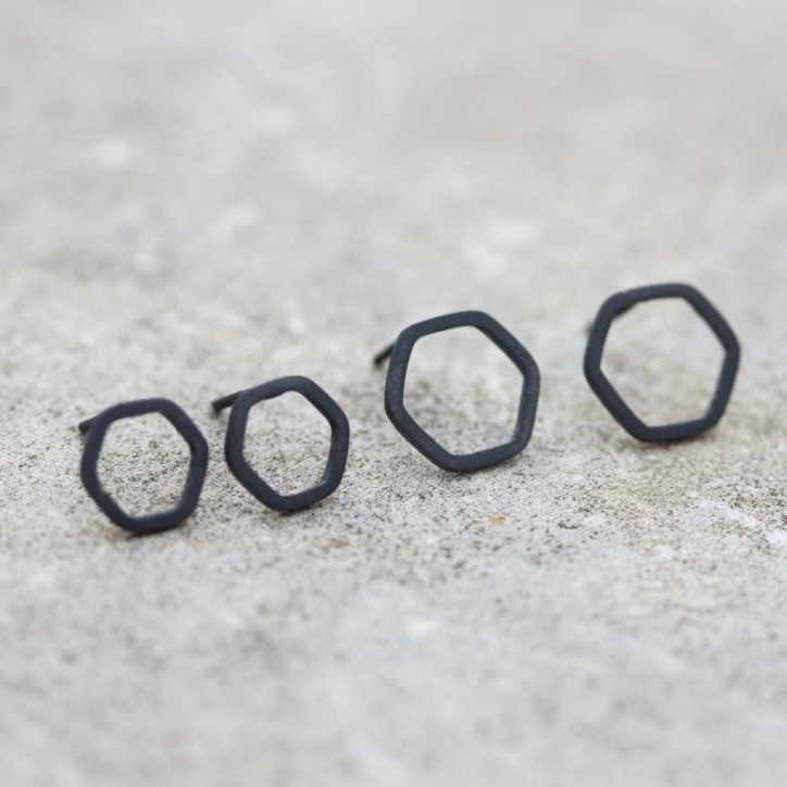 Hexagon studs - Black Sterling silver stud earrings