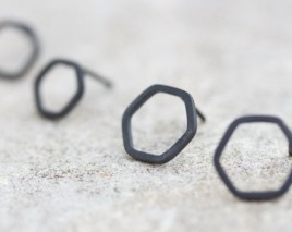 Hexagon studs - Black Sterling silver stud earrings