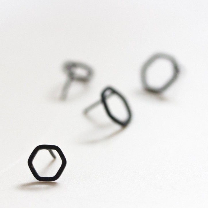 Hexagon studs - Black Sterling silver stud earrings
