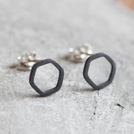 Hexagon studs - Black Sterling silver stud earrings