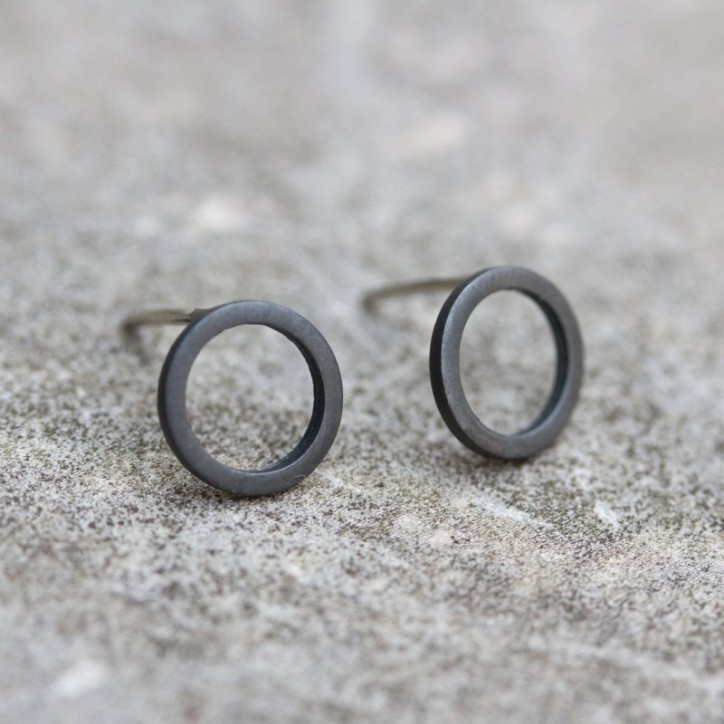 Black circle sterling silver stud earrings