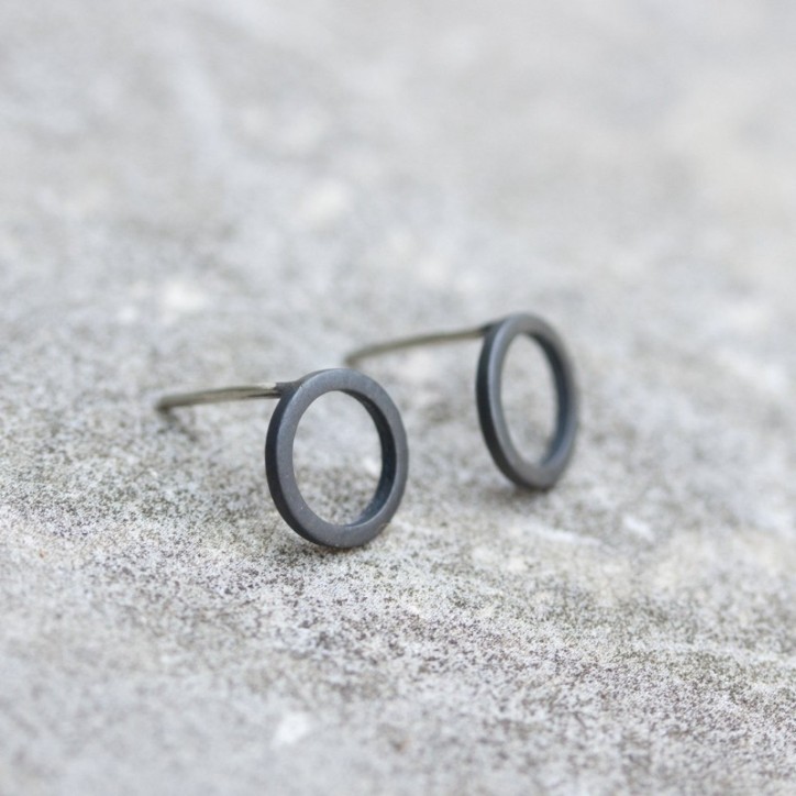 Black circle sterling silver stud earrings